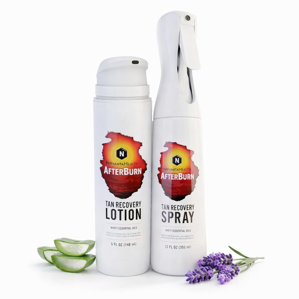 Nirvanta AfterBurn Tan Recovery Bundle – Aftersun Lotion (5 oz) + After shower recovery Spray (12 oz) with Aloe Vera & Botanical Extracts – Lightweight Hydration to Help Maintain Tan & Reduce Dryness