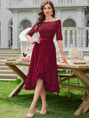 Miusol Women's Off Shoulder Elegant Floral Ruffle Half Sleeve Lace Contrast Chiffon Party Dress (Medium, Red)3