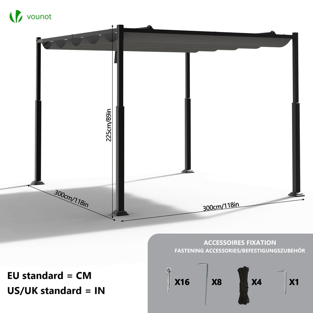 VOUNOT® Pergola Retrattile Scorrevole 3x3m, Gazebo da Giardino con Telo in Poliestere 180g/m², Tenda da Sole per Terrazza Esterno, Struttura in Metallo Resistente, Grigio Scuro