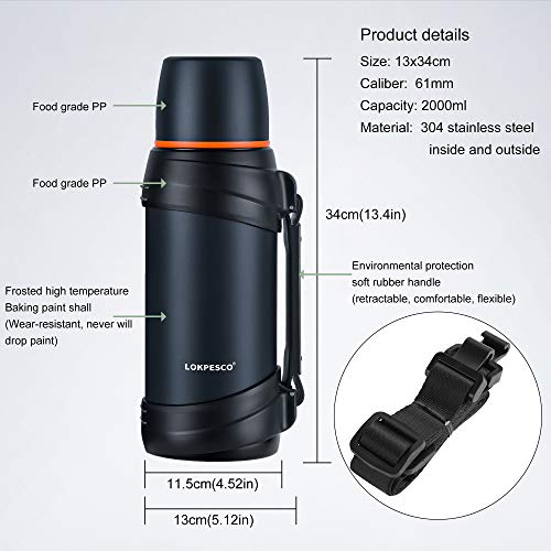 2L/68Oz Large Coffee Bottle For Travel, Flasks For Hot And Cold Drinks, Stainless Steel Vacuum Insulated Hot Water Bottles With 2 Cups For Hiking/Camping, Keep Hot 24Hrs (Blue) #TOP2