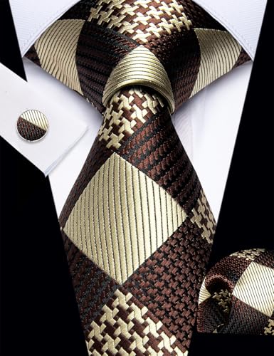 Image of YourTies Striped Plaid Ties for Men Silk Formal Necktie Set | 3.15 inch(8cm) Woven Jacquard Mens Ties with Necktie Pocket Square Cufflink Tie Clip Lapel Pin for Wedding Business Party
