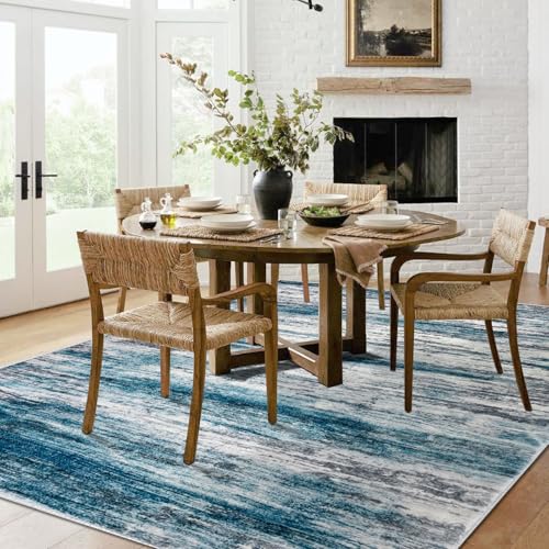 KOZYFLY Area Rug 6x9 Modern Ombre Rugs for Living Room, Washable Large Thin Rugs Non-Slip Soft Striped Rug for Bedroom, Print Distressed Blue Abstract Carpet for Laundry/Kid Room