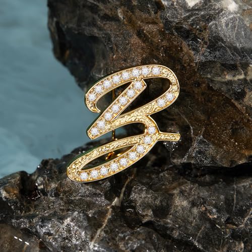 Image of Cicy Bell A-Z Initial 26 Letter Brooch Pins 18k Gold Plated Cubic Zirconia Breastpin Name Personalized Gifts for Women Men