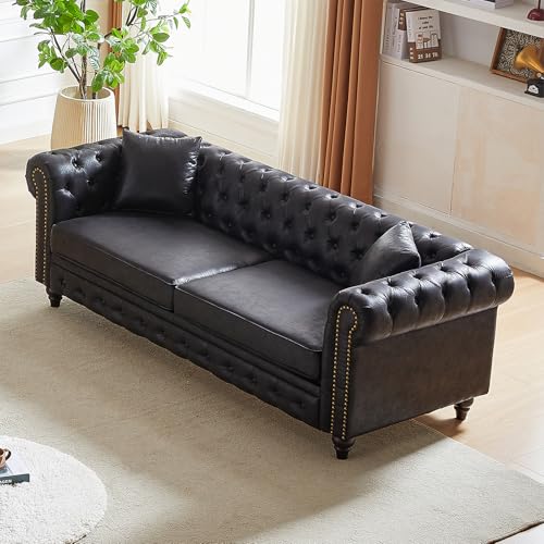 Image of Modern Chesterfield Sofa Couch, 85.5-inch Faux Leather 3-Seater Sofa with Rolled Arms and Tufted Button for Living Room, Office, Black