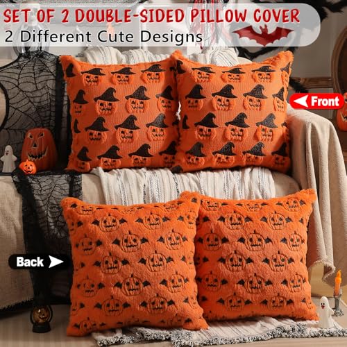 Halloween Decorations Set of 2 Double-Sided Halloween Pillow Covers 18" x 18", with 2 Different Looks, Pumpkin Bat & Pumpkin with Hat, Plush Faux Fur Throw Pillow Covers for Home Decor