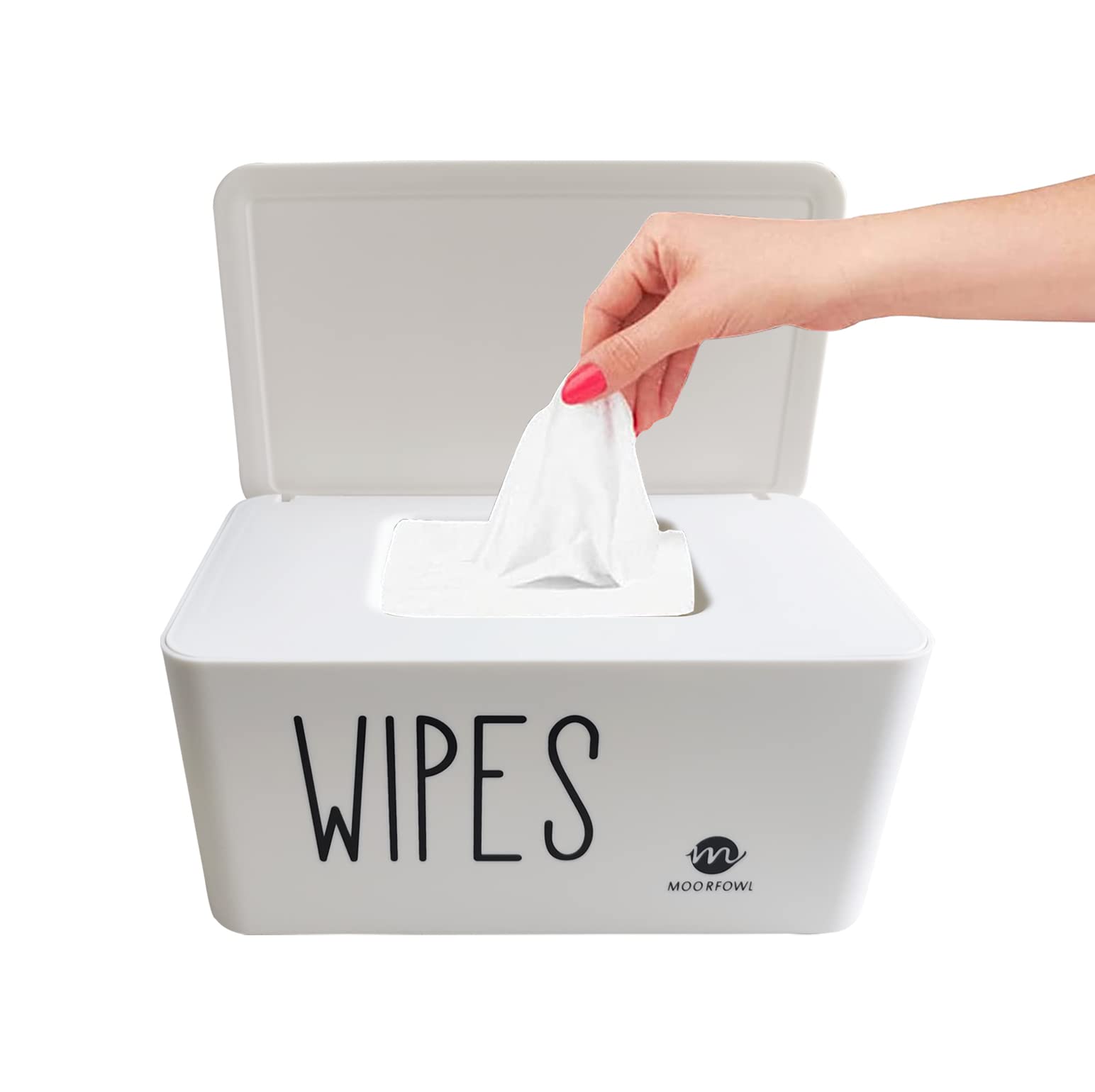 Moorfowl Baby Wipe Dispenser for Bathroom, Upgarde Design(8.2L x 4.9W x 3.9H inches), Minimalist Wipes Holder Container Flushable (White-New)