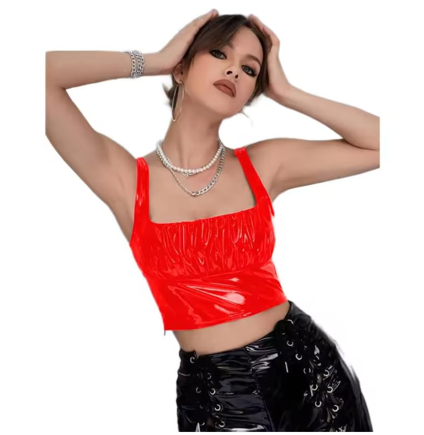 Bodycon krótkie topy kwadratowe fałdy dekolt PCW skórzane podkoszulki nocne bar pub gotyckie damskie topy odzież klubowa personalizacja