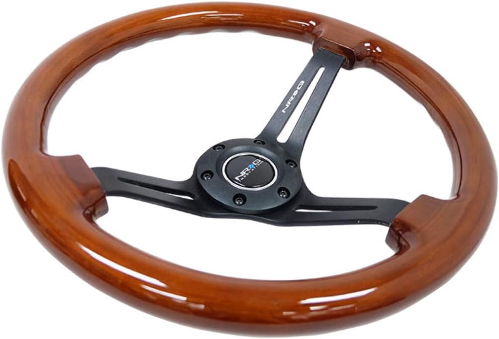 NRG Innovations NRG-RST-018BR-BK Reinforced Classic Wood Grain Steering Wheel, 350mm, 75mm Deep, 3 Spoke Slotted Center Black With Brown Painted Wood, Double Riveted Spokes