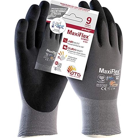 ATG MaxiFlex UltimateTM Ad-Apt A42-874IND-T9 Glove, Size 9, Grey/Black Cover
