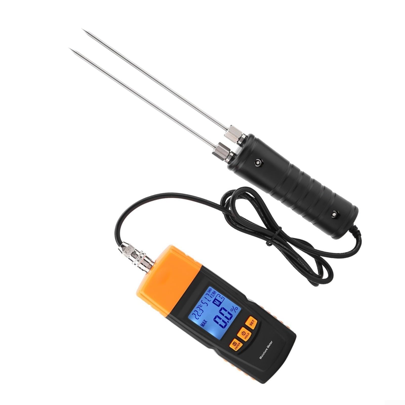 GM620 - Misuratore di umidità del legno digitale con display LCD, 4 campi di misurazione regolabili per 2-70%, tester di umidità portatile per legno, cotone e carta, tipo split con punta di prova