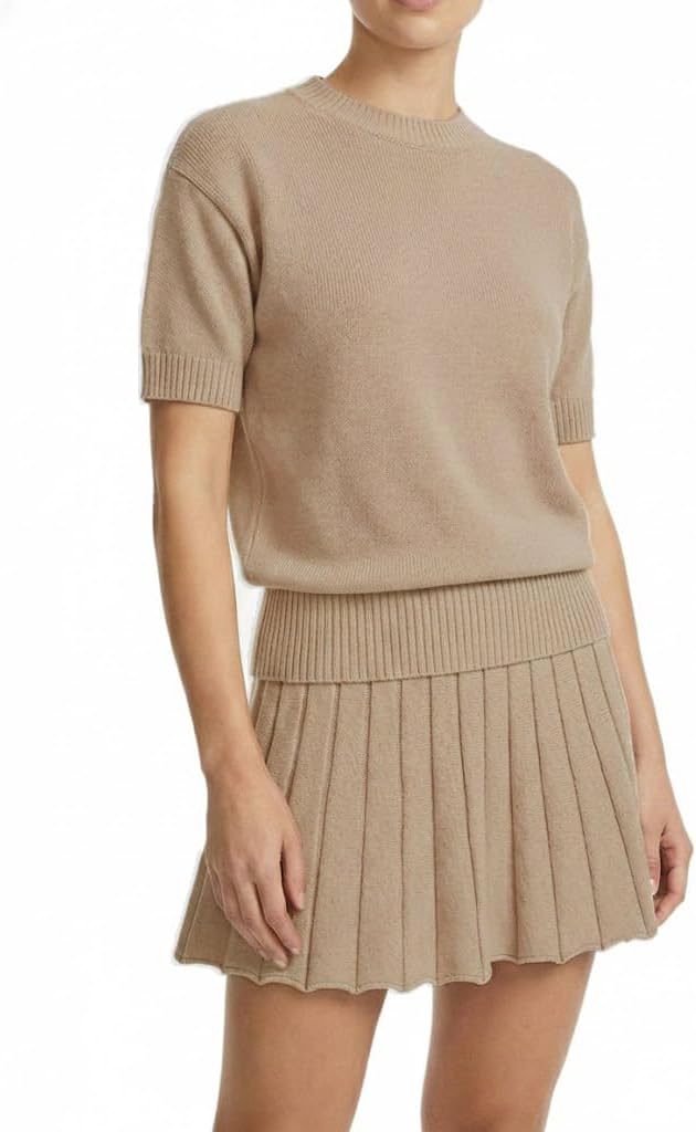 Womens 2 Piece Outfits 2026 Short Sleeve Crewneck Knit Tops And Pleated Mini Skirt Two Piece Sets - Image 2