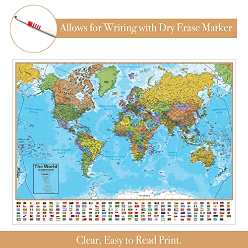 Waypoint Geographic Hemispheres Laminated World Wall Map W/ Blue Oceans - Easy To Read Up-To-Date Locations, Country Flags, Populations & Legend - Poster Size Wall Art (Large 51" X 38") - Ships Rolled #TOP6
