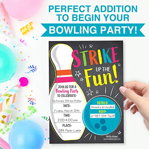 Image of Hadley Designs Kids Birthday Invitations For Boys and Girls Bowling Theme - 25 Neon Birthday Party Invitations For Boys, Bowling Invites For Girls, Cute Party Supplies, Made In USA