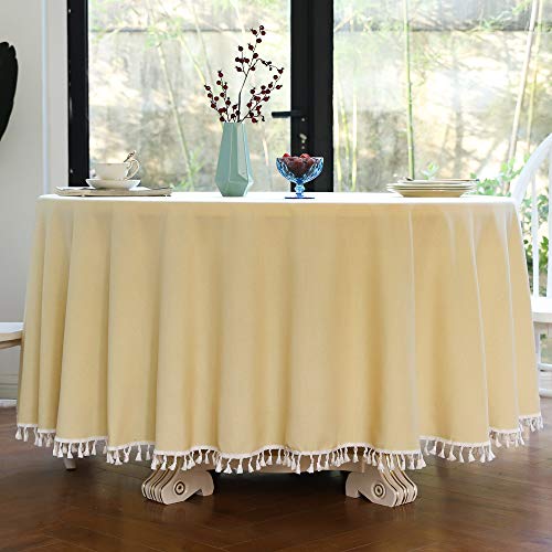 CoutureBridal Tischdecke Rund 200 cm Gelb Cream Baumwolle Leinen Abwaschbar Uni Quaste Gartentischdecke Couchtisch Tischtuch für den Innen - und Außenbereich Cover