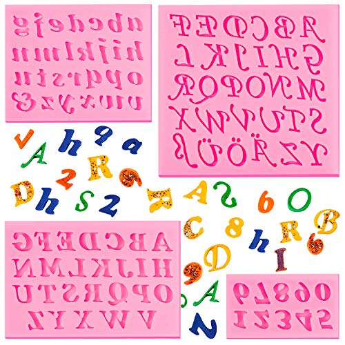 4 Pieces Letters Silicone Mold Number Silicone Mold Uppercase Letters Silicone Fondant Mold Lowercase Letters Chocolate Mold Handmade Soap Mold Biscuit Ice Cube Tray for Desserts (Pink)