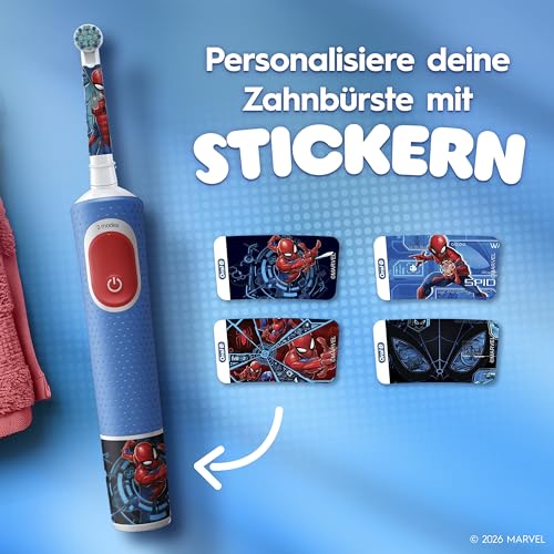 Oral-B Pro Kids Spiderman Elektrische Zahnbürste/Electric Toothbrush für Kinder ab 3 Jahren, inklusive Sensitiv+ Modus für Zahnpflege, extra weiche Borsten, 1 Aufsteckbürste, 4 Sticker, blau/rot