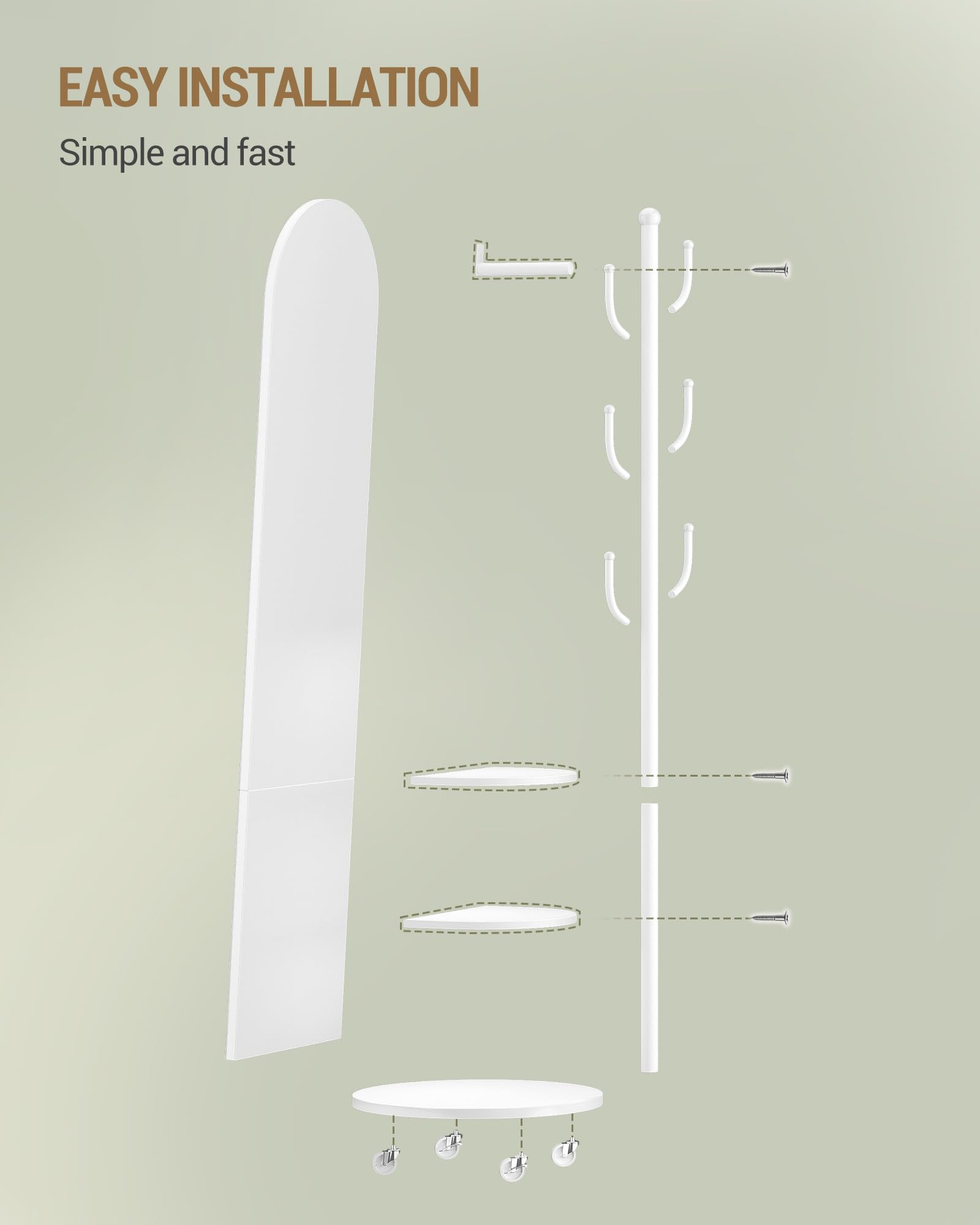 Hzuaneri Ganzkörperspiegel, um 360° Drehbarer Standspiegel mit Rollen, 163 X 45 cm, Standspiegel mit Aufbewahrungsbox und Haken, Aus Gehärtetem Glas, Weiß EDM42303W