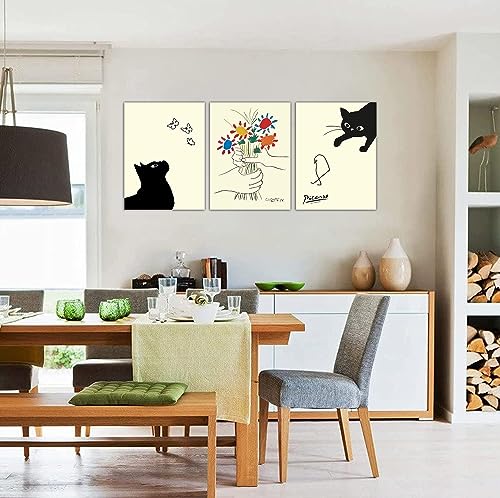 ピカソ猫の絵 猫と友情の花 3枚 パネル アートポスター 装飾絵画 リビングルーム ソファ背景 壁装飾絵画 木枠付き完成 (30X40cmX3pcs, ピカソのポスター) [3]
