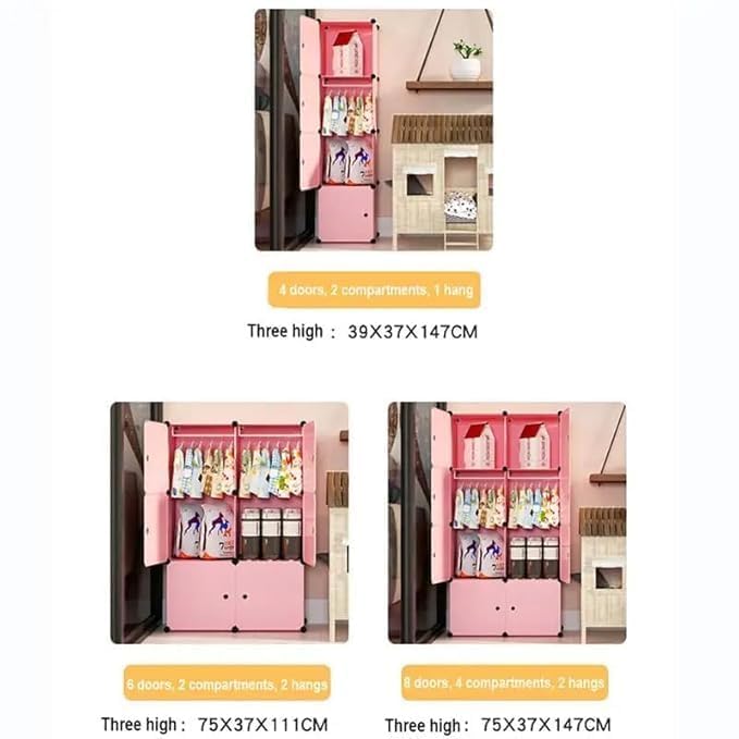 Image of 8 Door Foldable Plastic Wardrobe for Clothes Baby Cupboard for Clothes Storage, Wardrobe for Kids, Plastic Almirah, Collapsible Wardrobe for Living Room (Pink-X3, 8-Door)