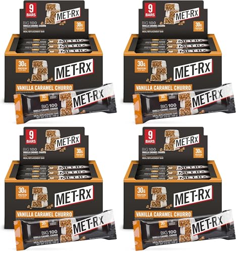 Image of MET-Rx Big 100 Colossal Protein Bars,Vanilla Caramel Churro Meal Replacement Bars,Brown,9 Count (Pack of 4)