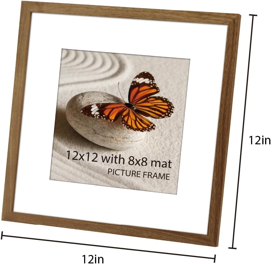 memory island 12x12 with 8x8 photo frames for wall and tabletop display, 12 by 12 walnut wood picture frames with hd plexiglass, set of 15 12x12" walnut wood grain