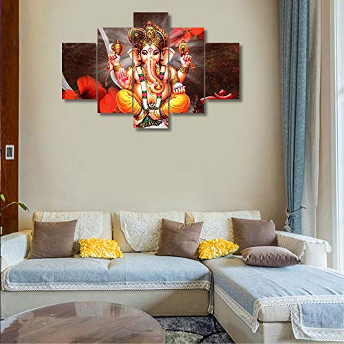 Tumovo Bedroom Decor Wall Art Indian Ganesha Wall Decor 5 Panel Wall Decoration For Living Room Hindu God Poster Artwork For Home Walls Home Decor Giclee Wooden Framed Ready To Hang (60''Wx40''H) #TOP3