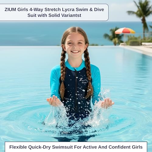 Image of ZIUM Girls 4 Way Lycra Swimsuit Cum Diving Suit with Print & Plain Options