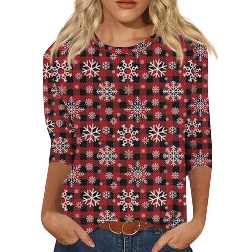 Christmas Shirts for Women Trendy Cute 3/4 Length Sleeve Round Neck Tops Loose Fit Pullover Blouses