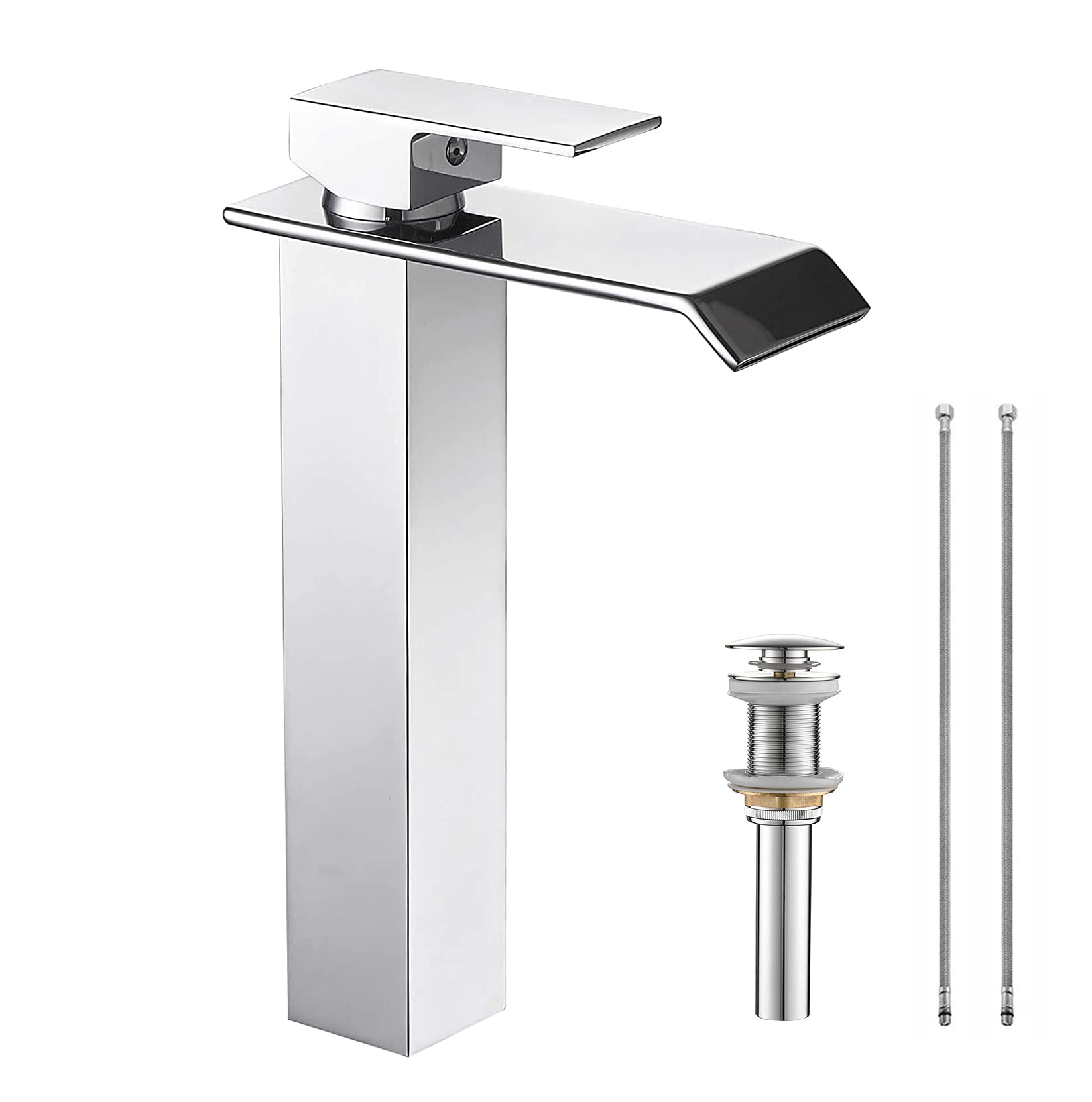 Sxithgkdw Chrome Bathroom Vessel Faucet Waterfall One Hole Bowl Of Sink Faucet Tall Single Handle Bathroom Faucets With Drain Assembly Modern Vanity Lavatory Deck Mount Supply Lines Hose
