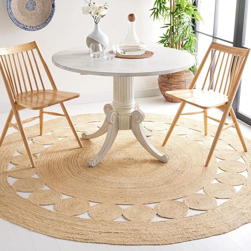 Image of Rounds Jute Carpet - Handwoven Natural Fiber Rug for Living Room, Bedroom, Entryway | Boho Chic Eco-Friendly Area Rug | Rustic Designer Floor Mat:-(Jute Tikki Border, 4x4 feet