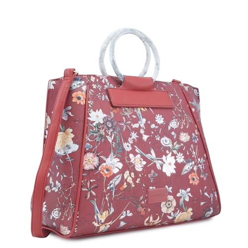Image of Caprese Fiorella Satchel, Burgundy-Large | Stylish Floral Printed Shoulder Bag for Women with Adjustable Sling Strap | Easy Back Access Pocket & Spacious | Perfect for Office & Daily Essentials