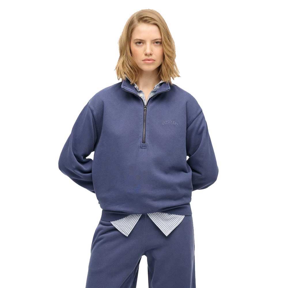Superdry Women's Bleu Logo-Printed Jumper With Tunisian Collar For Essential