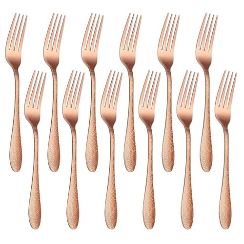 Image of Stainless Steel Fork, Foke Spoon Set, Mirror Polished & Dishwasher Safe, Ergonomic Handle Chammach Set Perfect for Home, Hotel, Restaurant & More (12 Pcs Big Fork, Rose Gold)