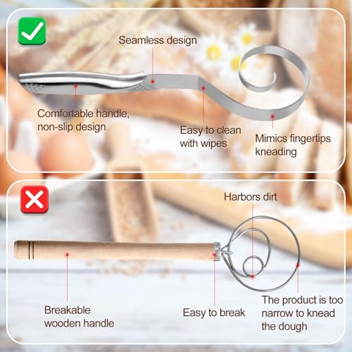 Dough Whisk, Seamless Dough Whisk Stainless Steel Flour Whisk Dutch Bread Dough Blender Hook Danish Sourdough Whisk Manual Mixer for Dough Bread Cake Making Baking Wisking Tool Supplies - Image 3