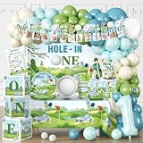 Fexivo Hole In One Birthday Decorations, One-Stop Golf Theme Set Includes 40 Sturdy 300Gsm Golf Plates Waterproof Tablecloths Backdrop And 102 Balloons For Hole In One Birthday