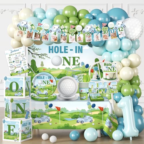 Fexivo Hole in One Birthday Decorations One-stop Golf Theme Set Includes 40 Sturdy 300gsm Golf Plates Waterproof Tablecloths Backdrop and 102 Balloons for Hole in One Birthday
