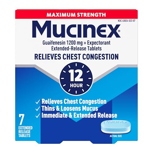 Mucinex 12 Hour Maximum Strength 1200 mg Guaifenesin Extended-Release Tablets for Excess Mucus Relief, Expectorant Aids Excess Mucus Removal, Chest Congestion Relief, 7 Tablets