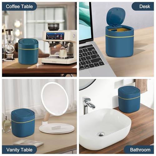 Image of Soddeph Plastic Mini Trash Can with Lid,Small Desktop Waste Bin for Bathroom, Office, or Kitchen,Pop-Up Countertop Wastebasket for Counter, Vanity, or Coffee Table (Blue)