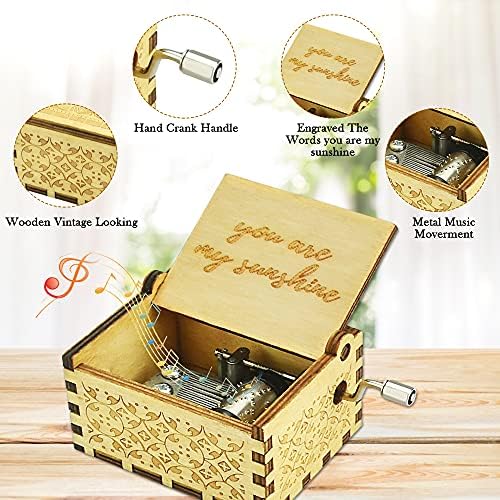 YONGORHEX You Are My Sunshine Music Box Small Mini Hand Crank Music Box 6.5*5*4.2cm Vintage Antique Wooden Music Box Anivesarary Birthday Christmas Carved Decorative Craft Gift Box for Children Adult