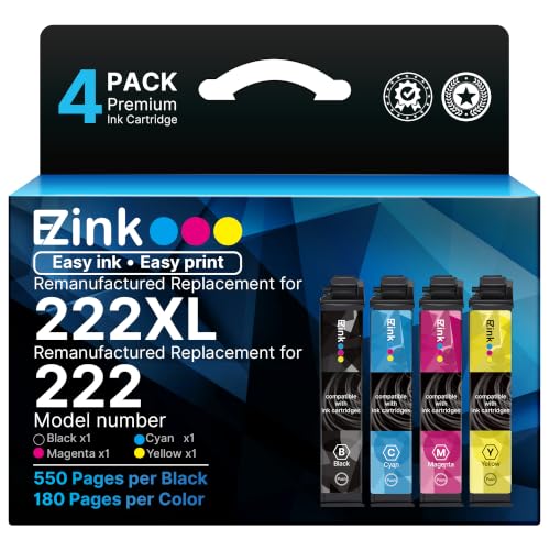 Image of Remanufactured Replacement for 222XL Ink Cartridges Combo Pack Replacement for Epson 222 Ink Cartridges High Yield for Epson Workforce WF-2960 Expression XP-5200 Printer (4 Pack BCMY)