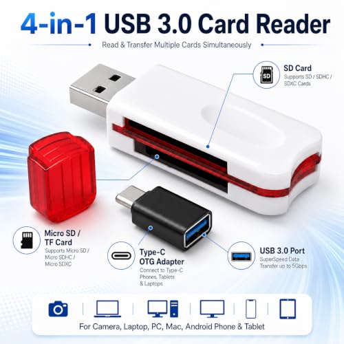 Image of USB 3.0 SD Card Reader 4 in 1 Memory Card Reader with Type C OTG Adapter Micro SD TF SDHC SDXC Card Reader for Camera Laptop PC MacBook Android iPhone Mobile Tablet USB C Adapter