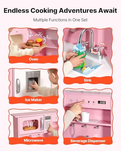 Image of VEVOR Play Kitchen for Kids, Wooden Kids Kitchen Playset with Real Lights & Sounds, Food & Cookware, Pretend Play Toy Set, Microwave, Oven, Clicking Knobs, for Toddlers, Girls & Boys Ages 3-8, Pink