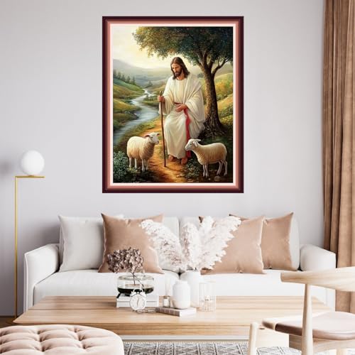 Image of Fanxvivy Stamped Cross Stitch Kits for Beginners Full Range of Cross Stitching Preprinted Embroidery Kits for Adults, 11CT Embroidery Pattern Needlepoint Kits- Jesus Shepherd 16x20 inch