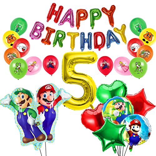 Mario Party Set 5 Jahre 32 Stück,21 Stück Mario Luftballon Latex,8 Stück Mario Folienballon,Gold Nr.5 Ballon Folienballon,Mario Happy Birthday Banner,Mario Ballon-Set,5.Geburtstag Deko Cover