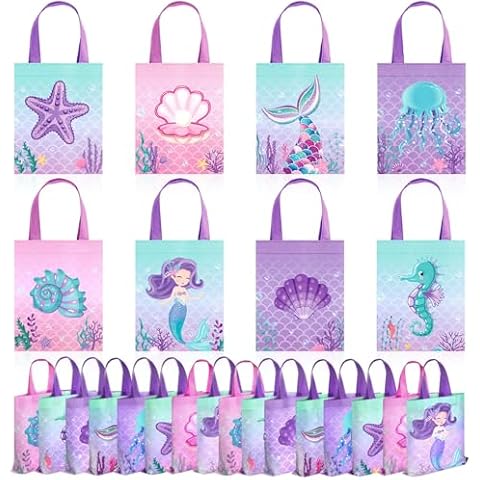 Photect 32 Pcs Mermaid Party Favor Bags Under the Sea Party Goodie Bags Marine Sea Animals Treat Bags Reusable Mermaid Theme Non Woven Tote Bags for Girls Birthday Ocean Party Baby Shower Supplies Cover