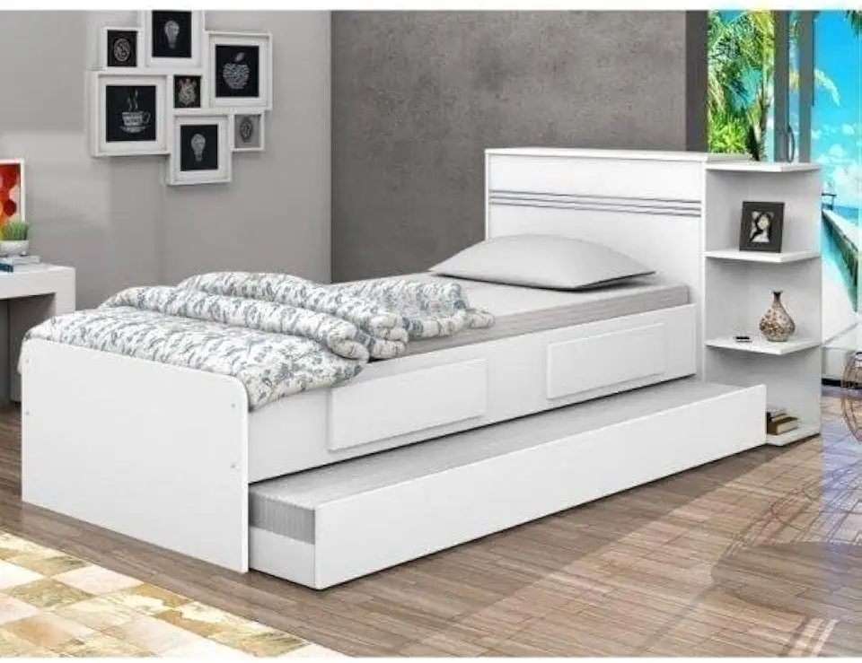 Conjunto Cama Solteiro Jade com Baú 2 Gavetas e Cama Auxiliar Siena Móveis Branco