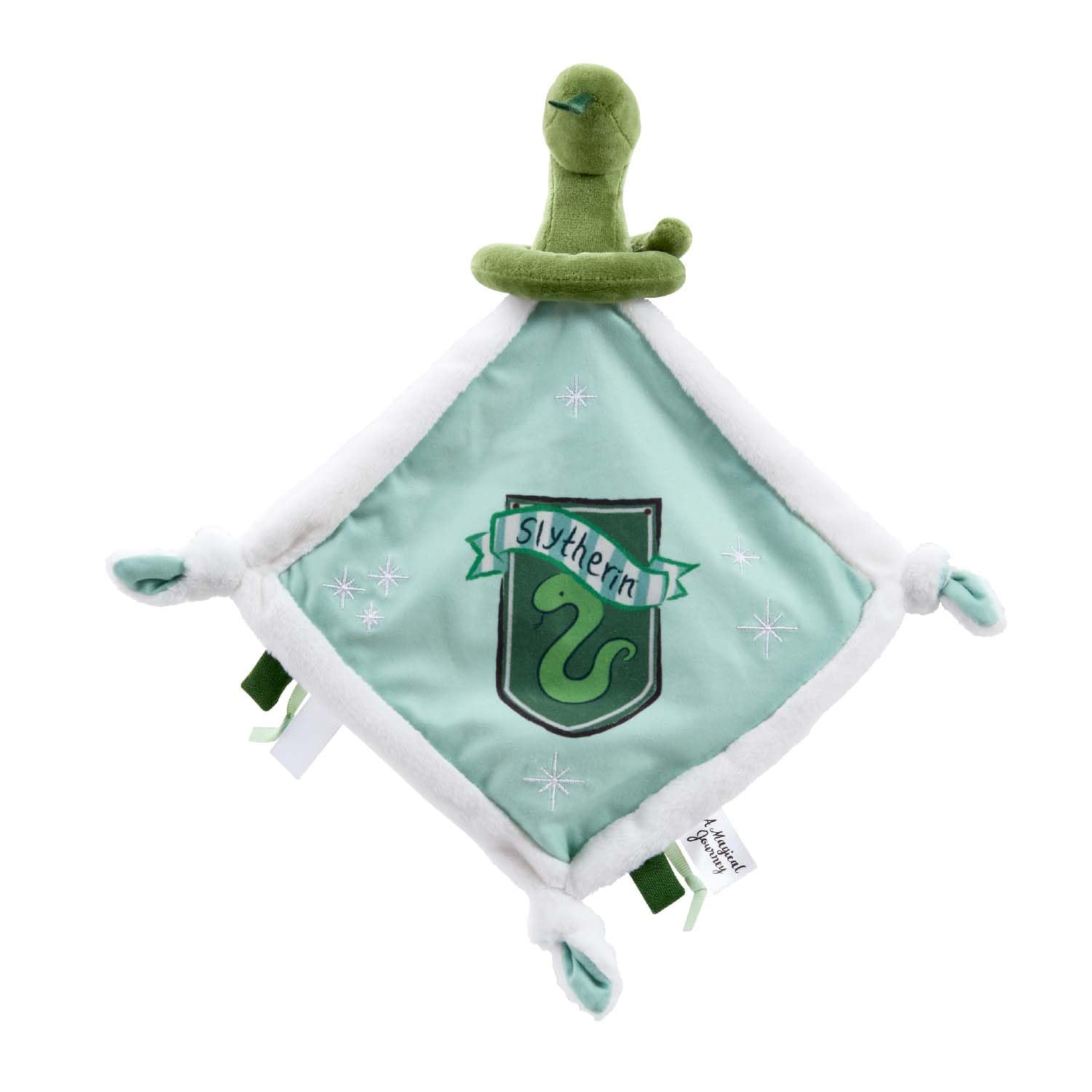 Rainbow Designs Harry Potter Slytherin Schmusetuch für Neugeborene - Weiche Plüsch-Schmusetuch mit Schlangenkopf und Wappen - Baby Kuscheldecke mit geknoteten Ecken & taktilen Tags