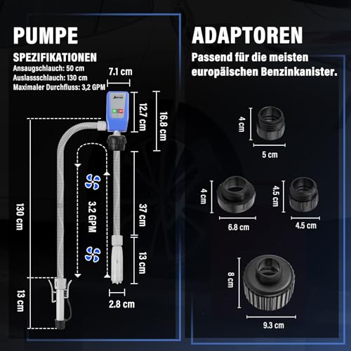 Nitigo 12v Kraftstoff Umfüllpumpe mit Auto-Stopp-Sensor (3,2 GPM), Elektrische Benzinpumpe mit 4 Größe Tankadapter, Flüssigkeitstransfer Dieselpumpe ölpumpe, 32mm Pumpenkopf (keinen Kanister)