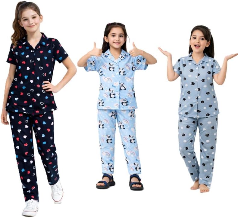 Half Sleeve Girls Nightwear Set Printed Cotton Pajama Set for Sleep Pack of 3