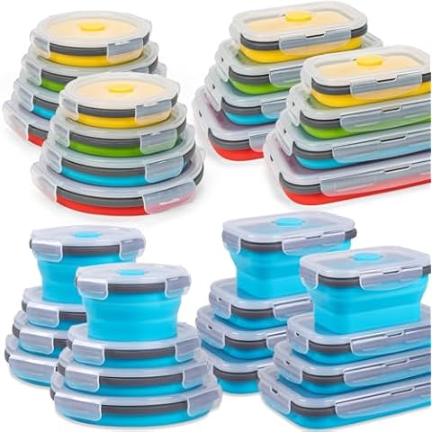 Annaklin Bundle of 16 Pack Collapsible Food Storage Containers with Lids + 16 Pack Collapsible Food Storage Containers with Lids 4 Colors, Assorted 8 Sizes Cover
